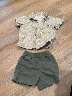 Floral Button-Up Shirt and Olive Shorts Kids Matching Set